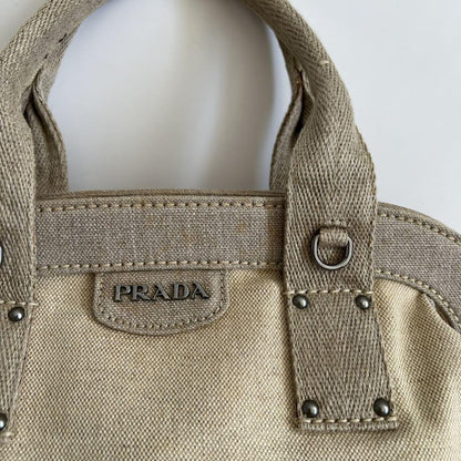 PRADA Hand Boston Bag Tote Purse Canvas Beige Off White Authentic