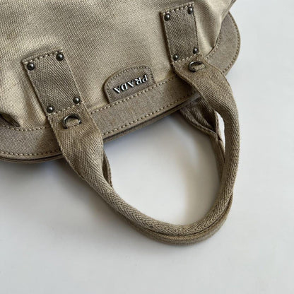 PRADA Hand Boston Bag Tote Purse Canvas Beige Off White Authentic