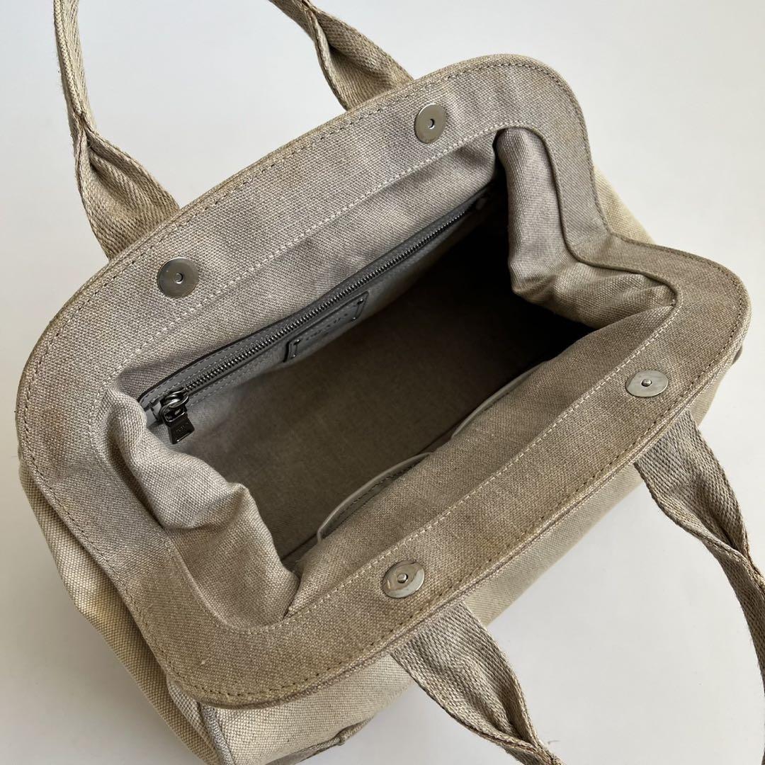 PRADA Hand Boston Bag Tote Purse Canvas Beige Off White Authentic