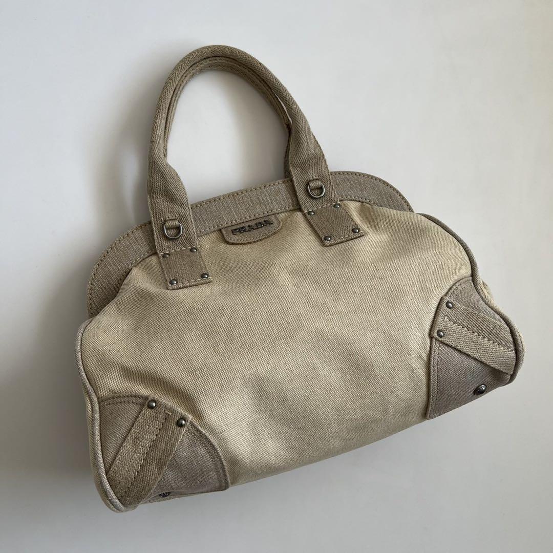 PRADA Hand Boston Bag Tote Purse Canvas Beige Off White Authentic