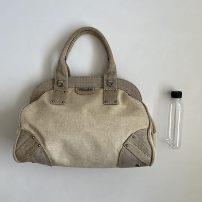 PRADA Hand Boston Bag Tote Purse Canvas Beige Off White Authentic