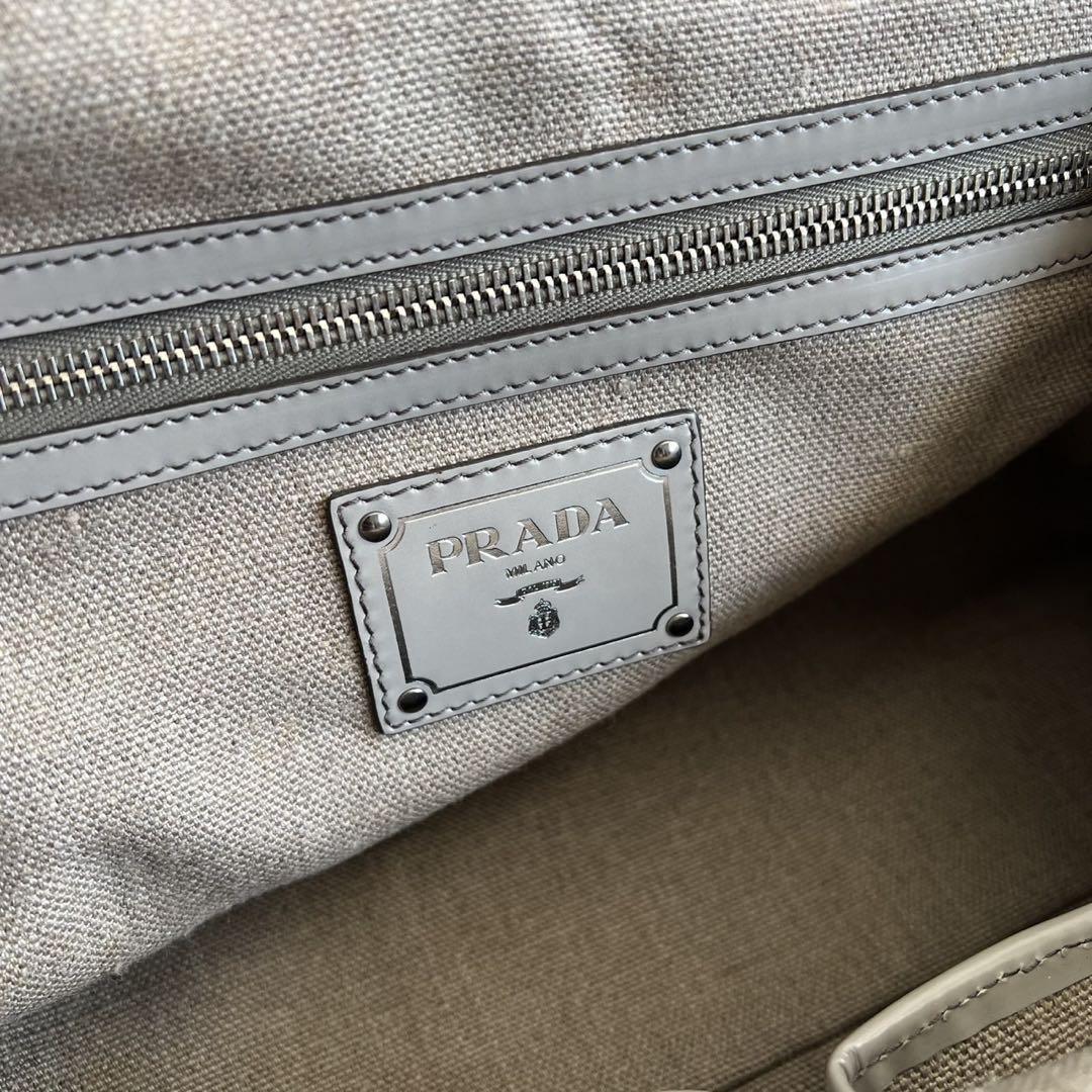 PRADA Hand Boston Bag Tote Purse Canvas Beige Off White Authentic