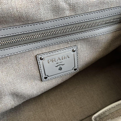 PRADA Hand Boston Bag Tote Purse Canvas Beige Off White Authentic
