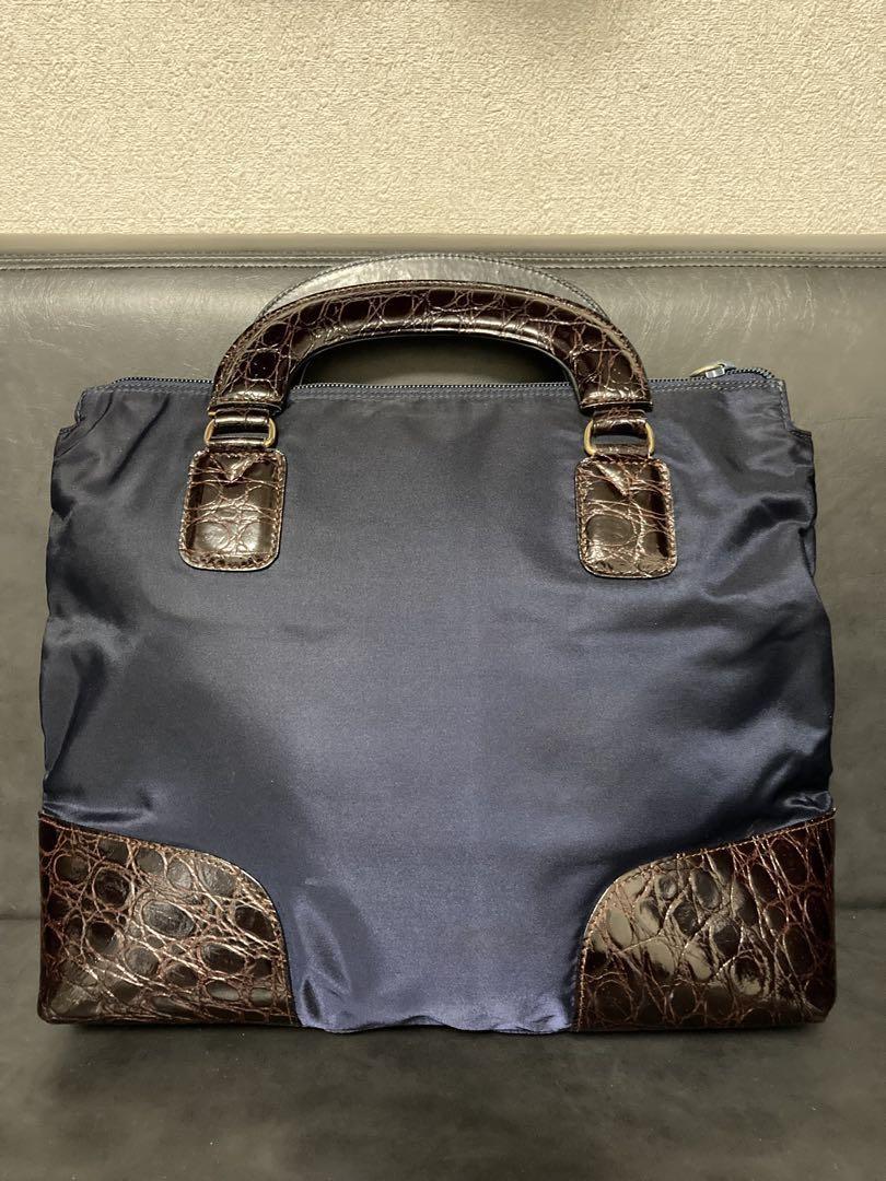 PRADA Hand Bag Tote Purse Logo Nylon Leather Navy Brown Authentic