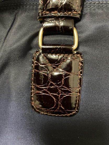 PRADA Hand Bag Tote Purse Logo Nylon Leather Navy Brown Authentic