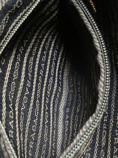 PRADA Hand Bag Tote Purse Logo Nylon Leather Navy Brown Authentic