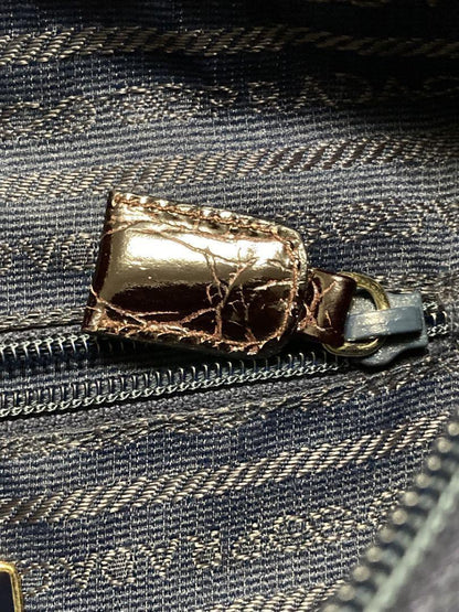 PRADA Hand Bag Tote Purse Logo Nylon Leather Navy Brown Authentic