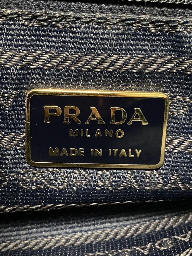 PRADA Hand Bag Tote Purse Logo Nylon Leather Navy Brown Authentic