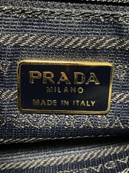 PRADA Hand Bag Tote Purse Logo Nylon Leather Navy Brown Authentic