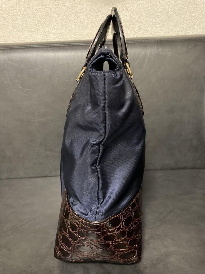 PRADA Hand Bag Tote Purse Logo Nylon Leather Navy Brown Authentic