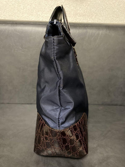 PRADA Hand Bag Tote Purse Logo Nylon Leather Navy Brown Authentic