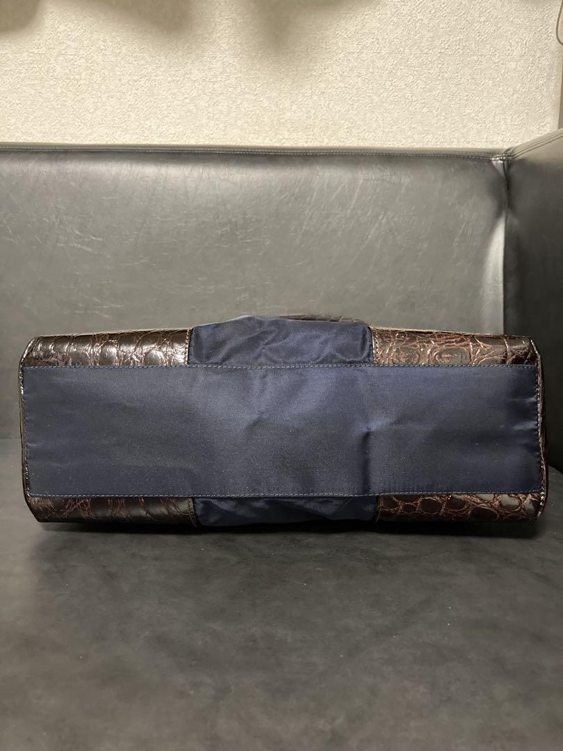 PRADA Hand Bag Tote Purse Logo Nylon Leather Navy Brown Authentic