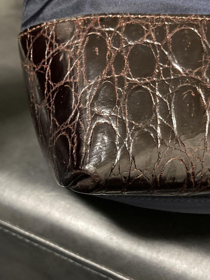 PRADA Hand Bag Tote Purse Logo Nylon Leather Navy Brown Authentic