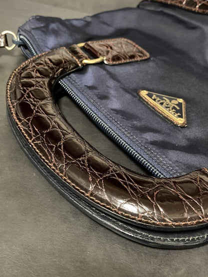 PRADA Hand Bag Tote Purse Logo Nylon Leather Navy Brown Authentic