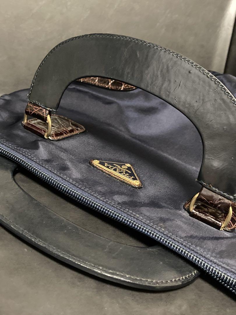 PRADA Hand Bag Tote Purse Logo Nylon Leather Navy Brown Authentic