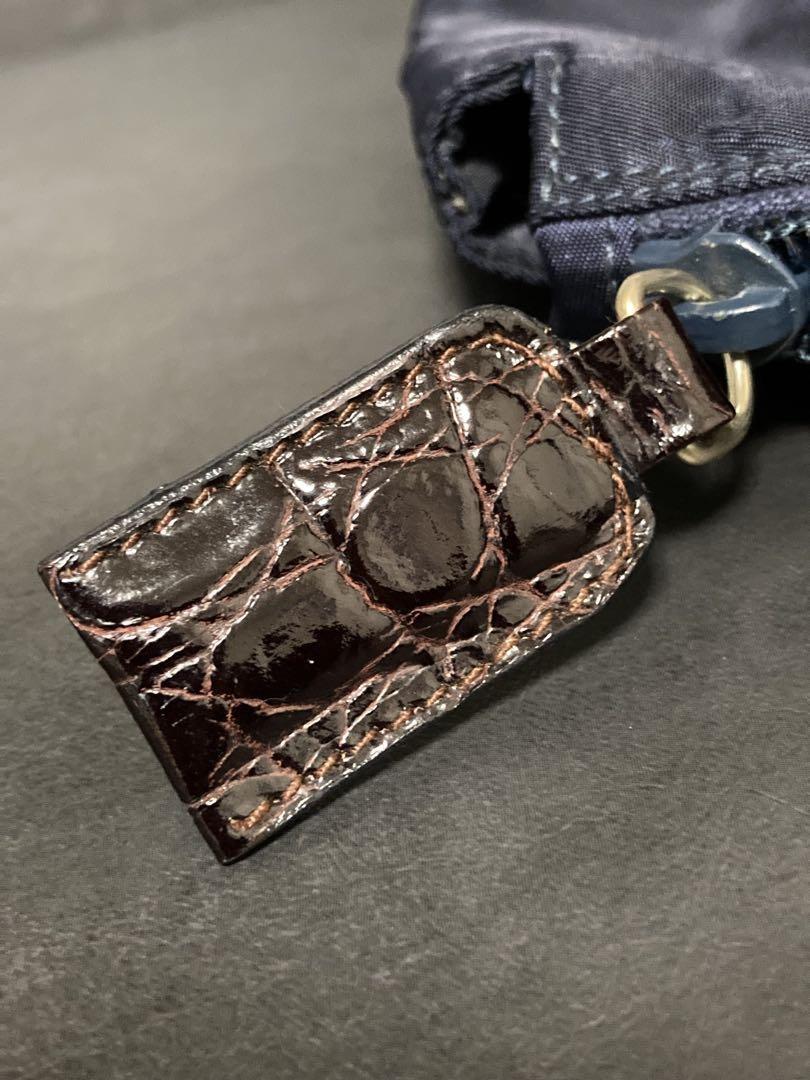 PRADA Hand Bag Tote Purse Logo Nylon Leather Navy Brown Authentic