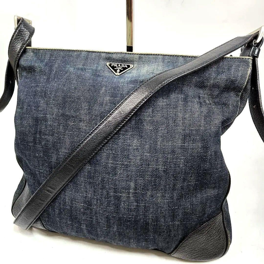 PRADA Shoulder Bag Purse Logo Denim Leather Authentic