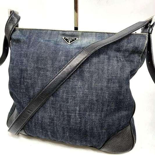 PRADA Shoulder Bag Purse Logo Denim Leather Authentic
