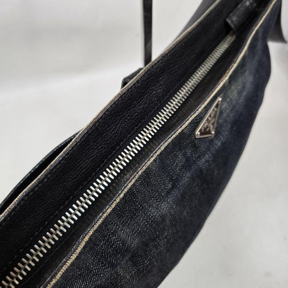 PRADA Shoulder Bag Purse Logo Denim Leather Authentic