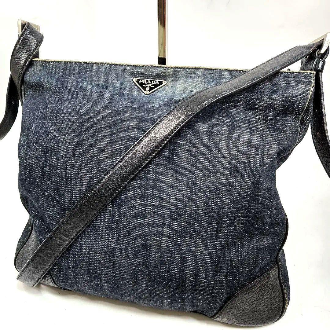 PRADA Shoulder Bag Purse Logo Denim Leather Authentic
