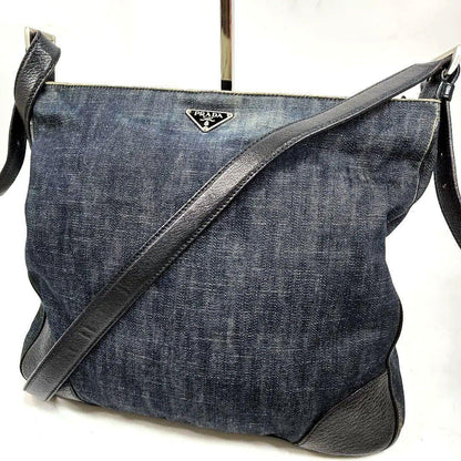 PRADA Shoulder Bag Purse Logo Denim Leather Authentic