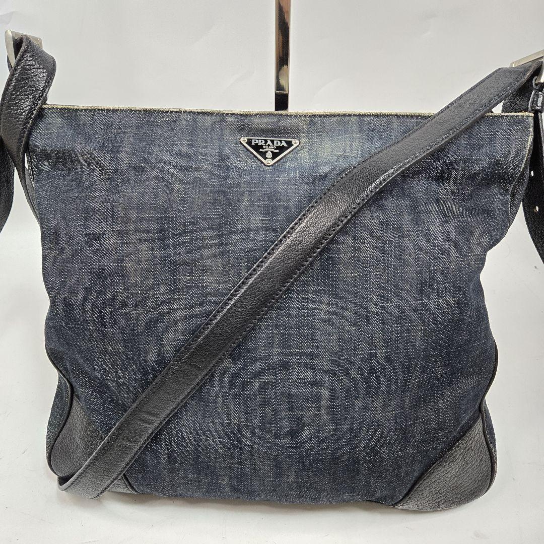 PRADA Shoulder Bag Purse Logo Denim Leather Authentic