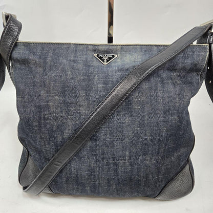 PRADA Shoulder Bag Purse Logo Denim Leather Authentic