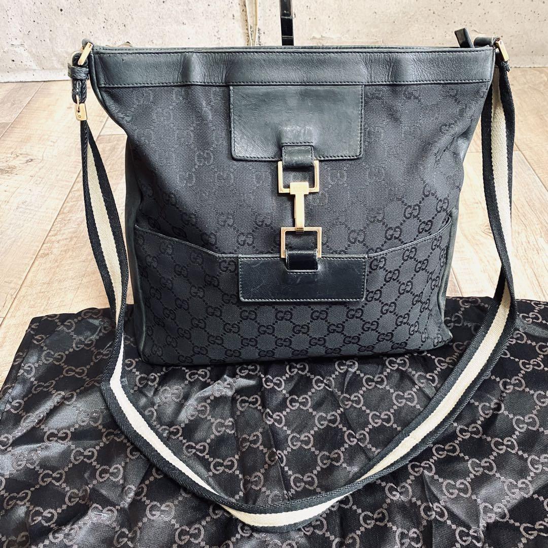 GUCCI Shoulder Bag Purse GG Canvas Leather Black Authentic