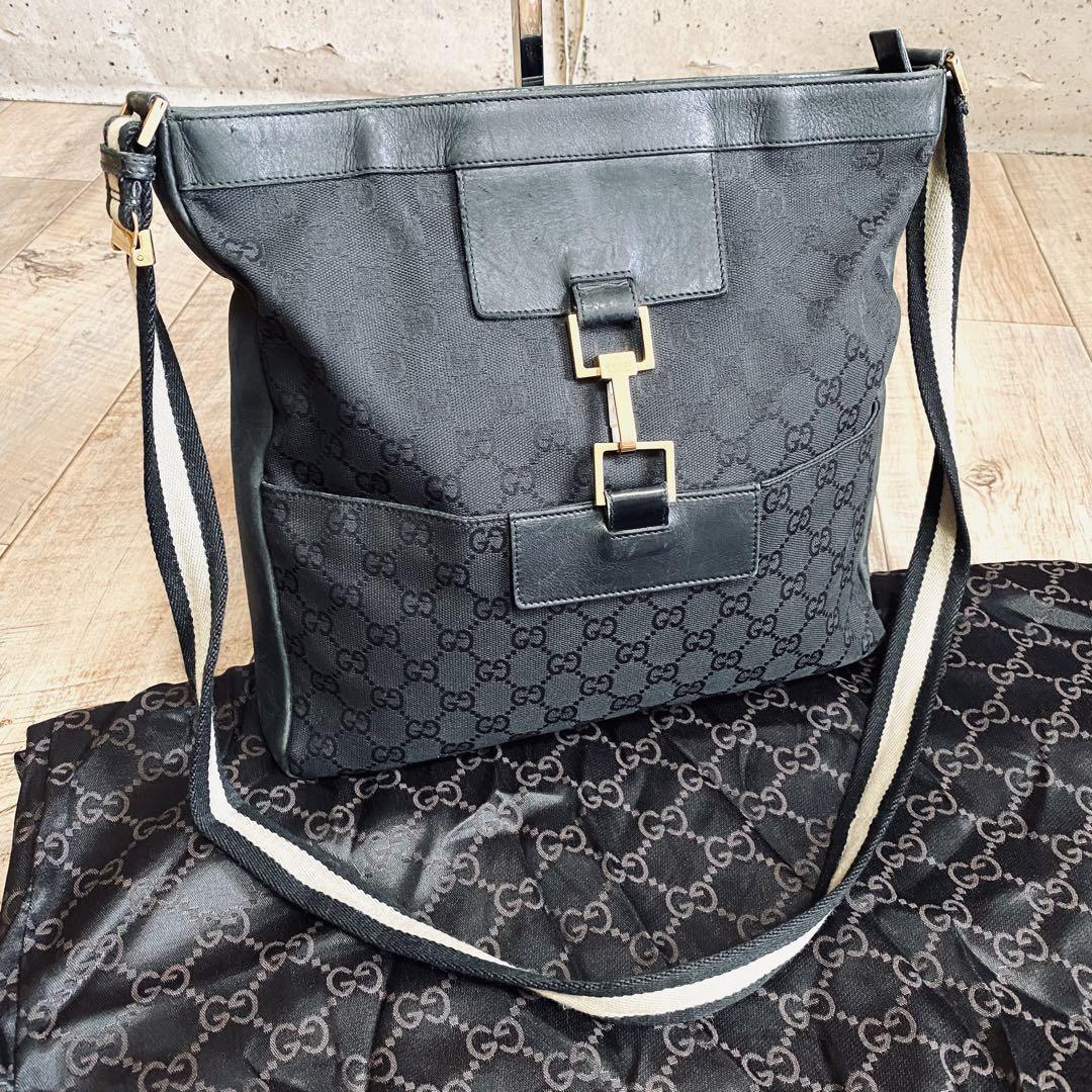 GUCCI Shoulder Bag Purse GG Canvas Leather Black Authentic