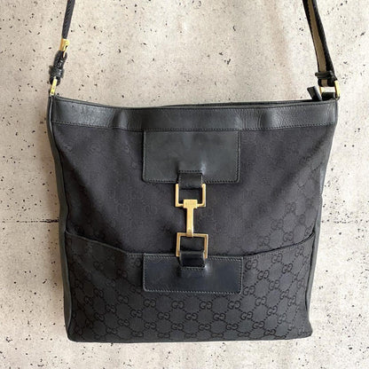 GUCCI Shoulder Bag Purse GG Canvas Leather Black Authentic