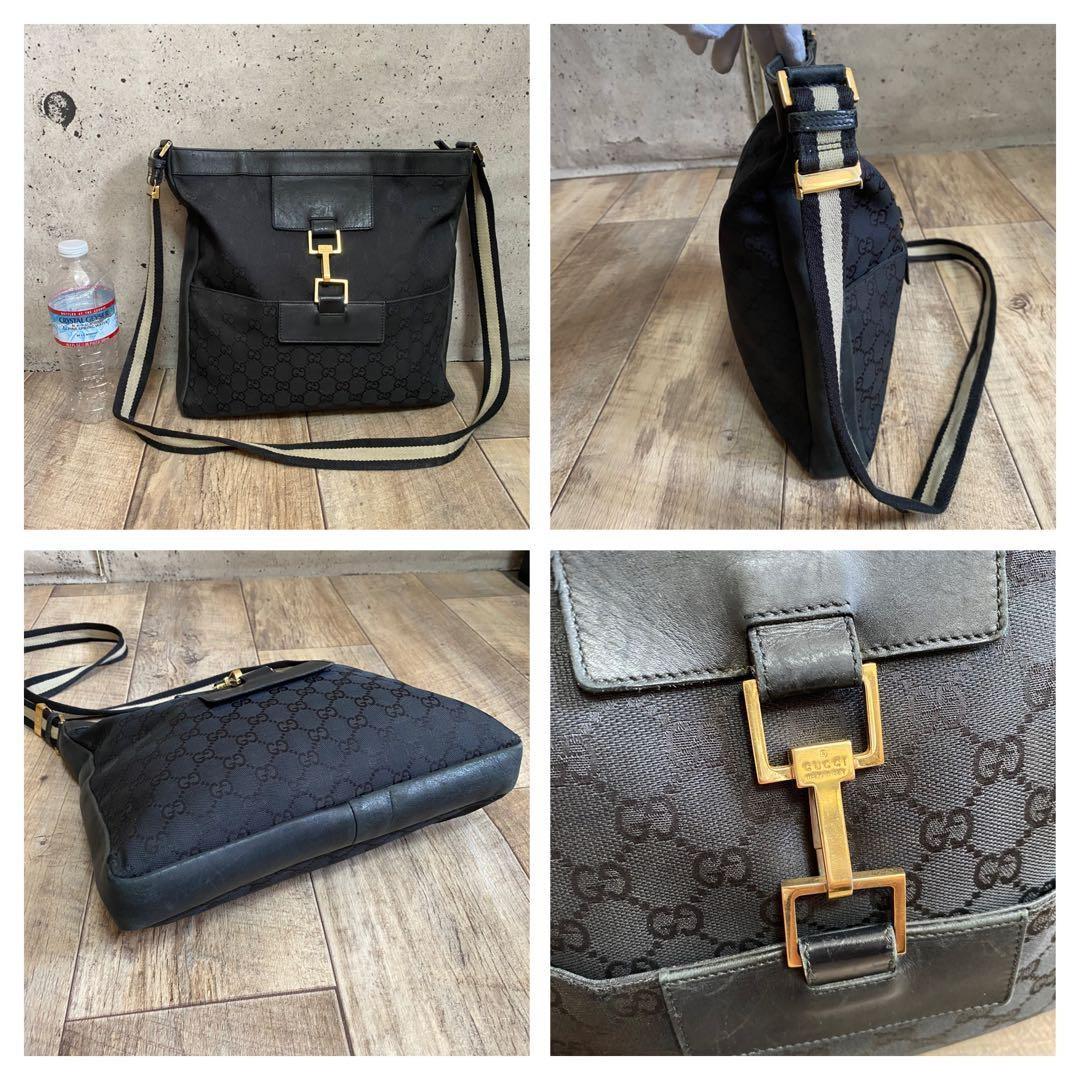 GUCCI Shoulder Bag Purse GG Canvas Leather Black Authentic