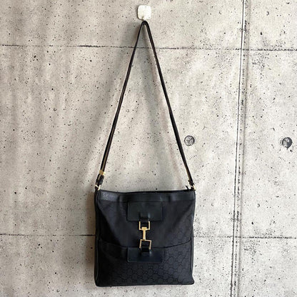 GUCCI Shoulder Bag Purse GG Canvas Leather Black Authentic