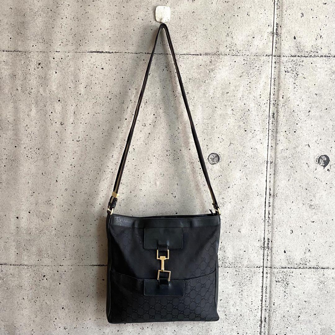 GUCCI Shoulder Bag Purse GG Canvas Leather Black Authentic