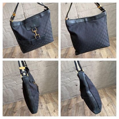 GUCCI Shoulder Bag Purse GG Canvas Leather Black Authentic