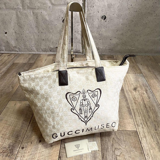 GUCCI Hand Bag Tote Purse GG Canvas Leather Beige Authentic