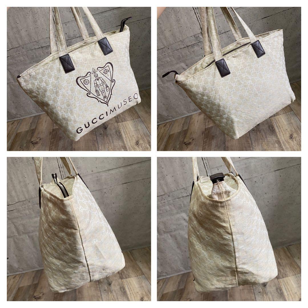 GUCCI Hand Bag Tote Purse GG Canvas Leather Beige Authentic