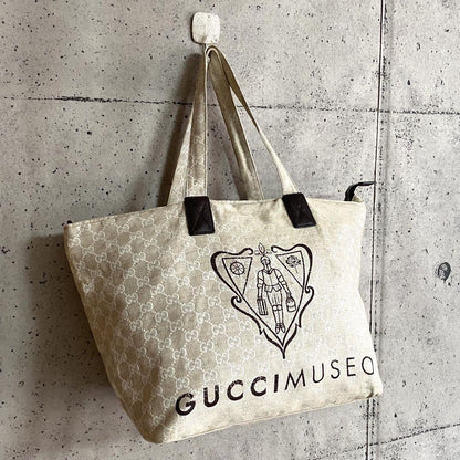 GUCCI Hand Bag Tote Purse GG Canvas Leather Beige Authentic