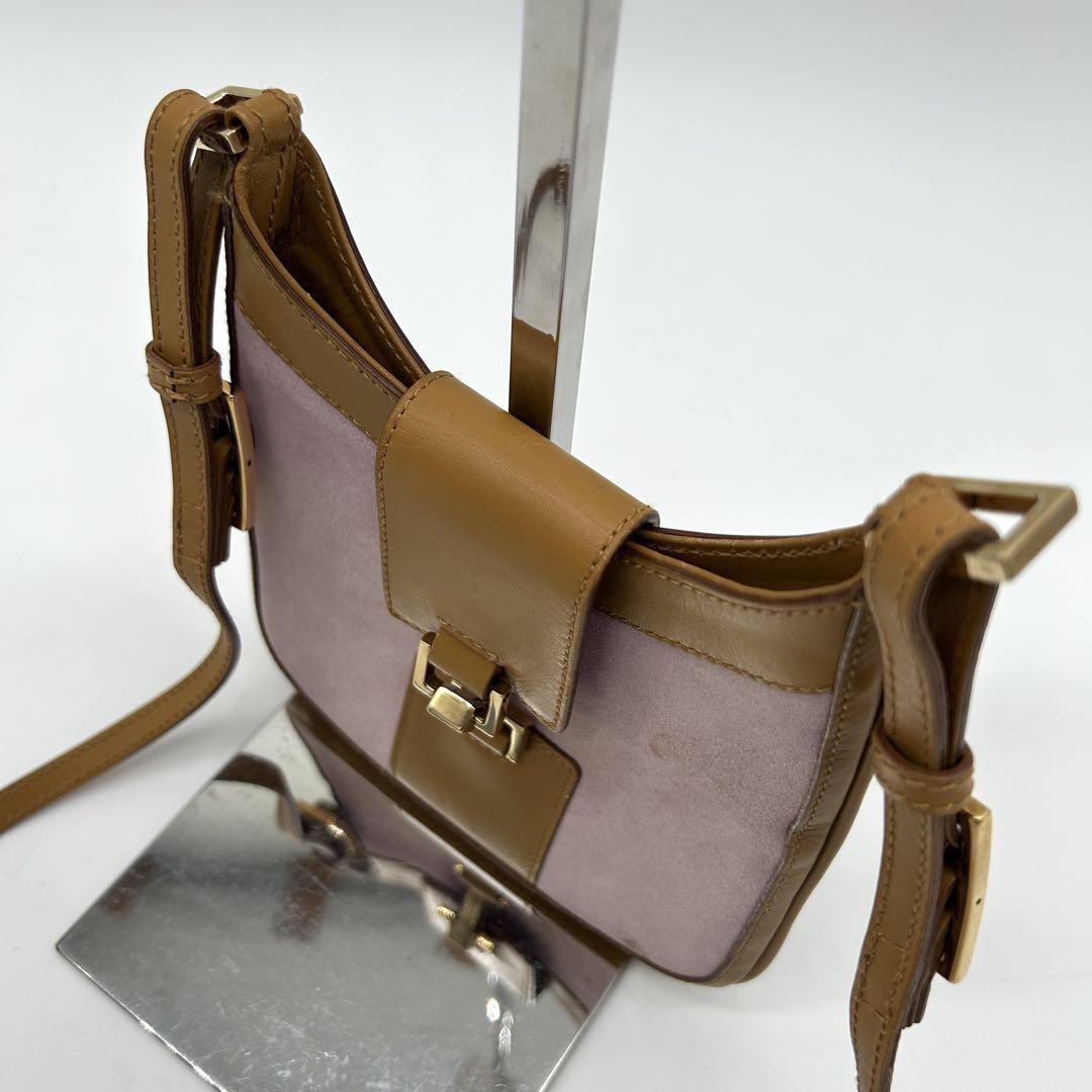 GUCCI Shoulder Bag Purse Leather Suede Light Brown Purple Authentic
