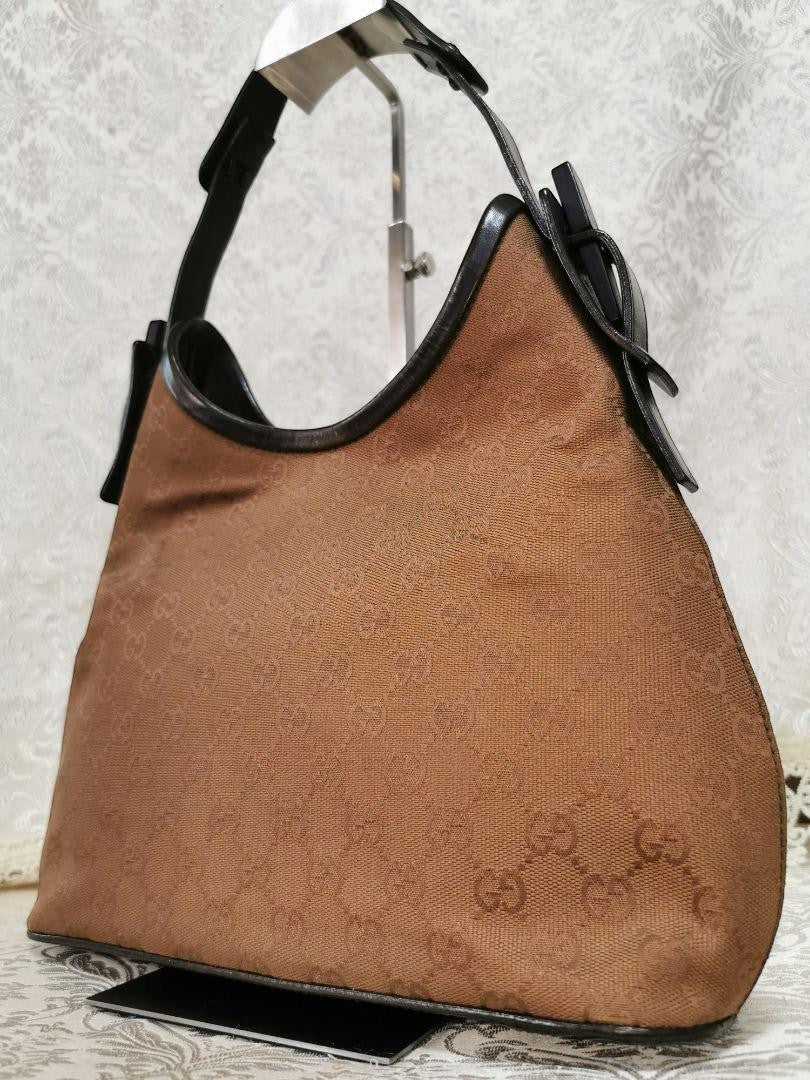GUCCI Shoulder Bag Purse GG Canvas Leather Dark Brown Authentic