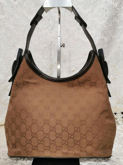 GUCCI Shoulder Bag Purse GG Canvas Leather Dark Brown Authentic