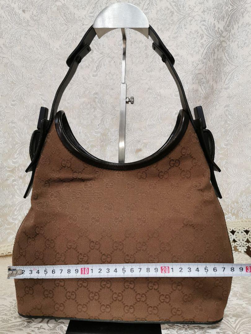 GUCCI Shoulder Bag Purse GG Canvas Leather Dark Brown Authentic