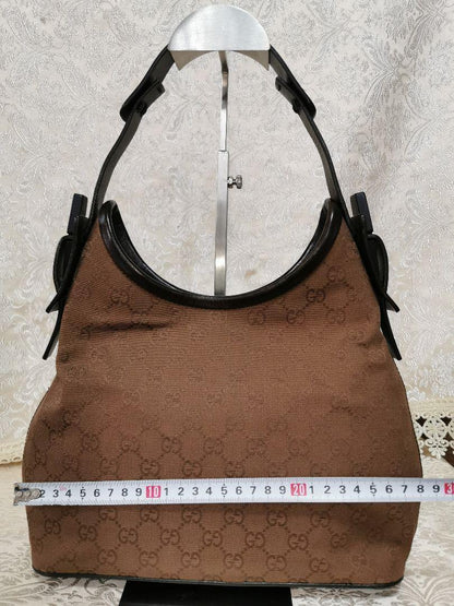 GUCCI Shoulder Bag Purse GG Canvas Leather Dark Brown Authentic