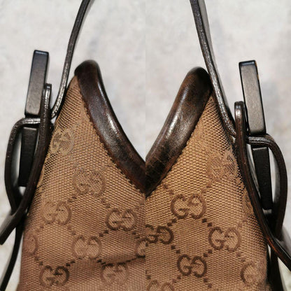 GUCCI Shoulder Bag Purse GG Canvas Leather Dark Brown Authentic