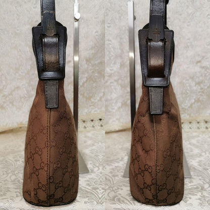 GUCCI Shoulder Bag Purse GG Canvas Leather Dark Brown Authentic