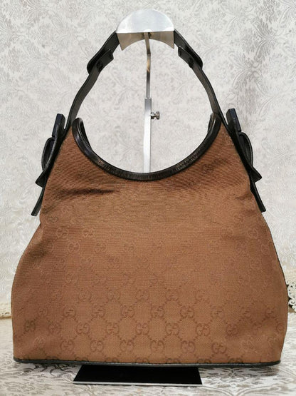 GUCCI Shoulder Bag Purse GG Canvas Leather Dark Brown Authentic