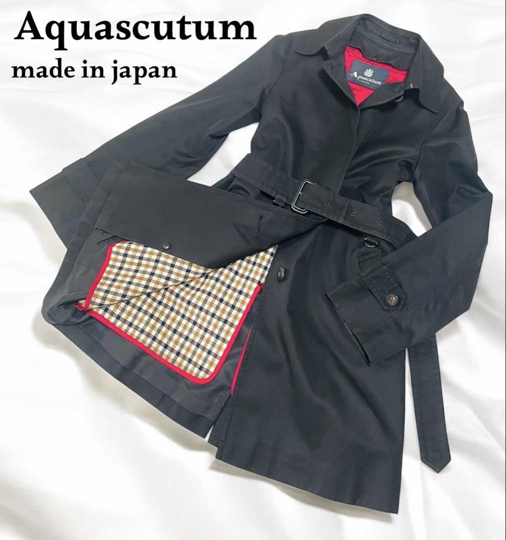 Aquascutum Trench Coat Club Check Asian fit M US size S Black Red Authentic