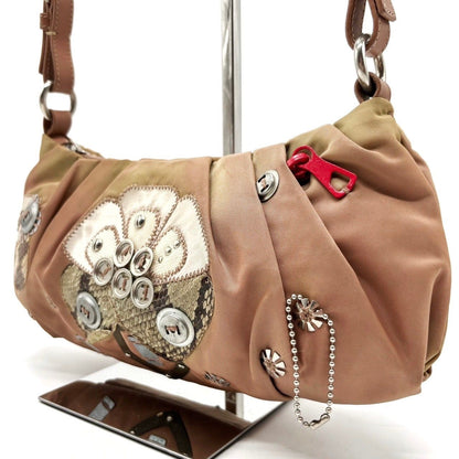 PRADA Hand Shoulder Bag Tote Purse Logo Nylon Leather Khaki Pink Authentic