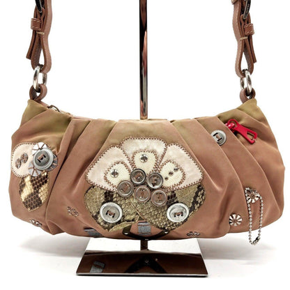 PRADA Hand Shoulder Bag Tote Purse Logo Nylon Leather Khaki Pink Authentic