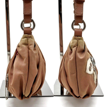 PRADA Hand Shoulder Bag Tote Purse Logo Nylon Leather Khaki Pink Authentic