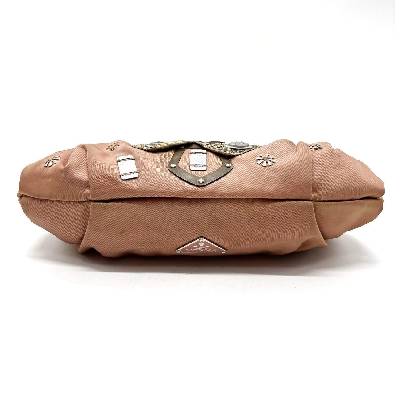 PRADA Hand Shoulder Bag Tote Purse Logo Nylon Leather Khaki Pink Authentic